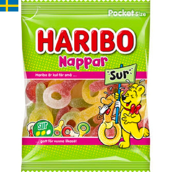 Haribo Sura Nappar - Gott för dig som gillar Haribos nappar och vill ha dem lite sura. Leverans till din dörr i Portugal och Spanien.