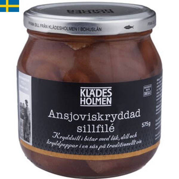 Klädesholmen Anjoviskryddad Sill, Sill kryddad med lök dill och peppar. Snabb leverans till din dörr i hela Spanien och Portugal på 24-72 timmar.