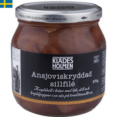 Klädesholmen Anjoviskryddad Sill, Sill kryddad med lök dill och peppar. Snabb leverans till din dörr i hela Spanien och Portugal på 24-72 timmar.