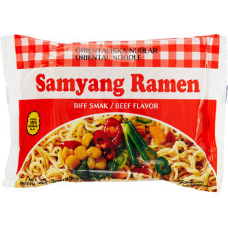 Samyang Ramen Biff. En portion nudlar med kryddmix tar bara ett par minuter att tillreda. Snabb leverans till din dörr i Spanien och Portugal.
