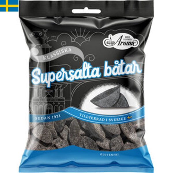 Aroma Båtar Supersalta, Godis av laktris i form av supersalta båtar. Snabb leverans till din dörr i hela Spanien och Portugal på 24-72 timmar.