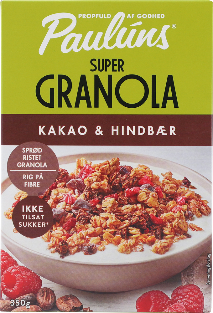 Pauluns Granola Hallon/Kakao passar utmärkt till kvarg och yoghurt. Innehåller mycket fiber och fullkorn. Leverans till din dörr i Spanien och Portugal.