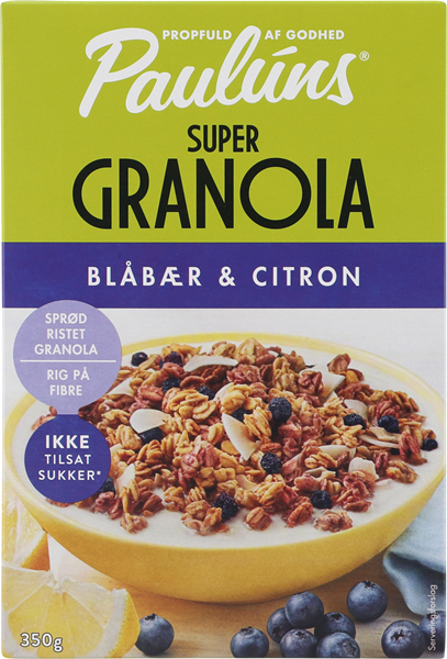 Paulins Granola Blåbär&Citron är fullt av fiber och fullkorn. En god och nyttig frukost utan tillsatt socker. Leverans till din dörr i Spanien och Portugal.