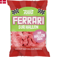 Toms Ferrari Sur Hallon - Små ferraribilar av surkanderat vingummi med hallonsmak. Utan palmolja. Innehåller inga artificiella färgämnen.