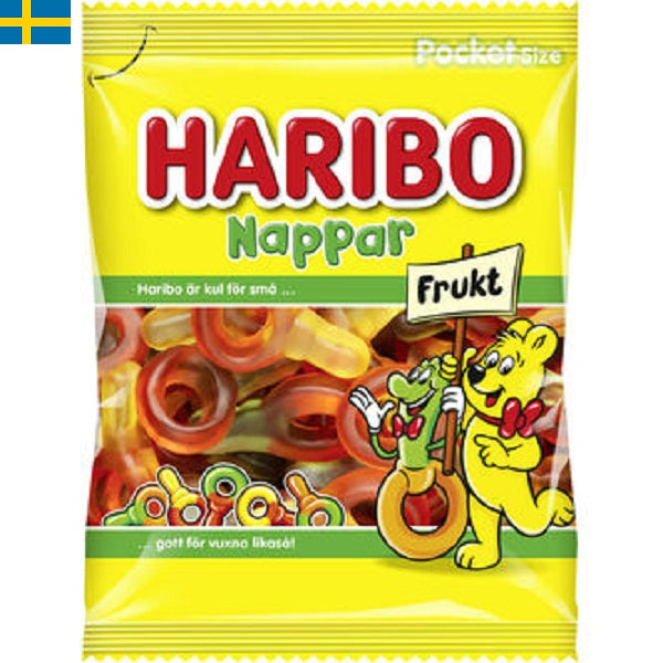 Haribo Frukt Nappar 80 g - Små nappar med fruktsmak. "Originalet" av Haribos nappar och älskas av både stora och små. Leverans i Spanien och Portgual.