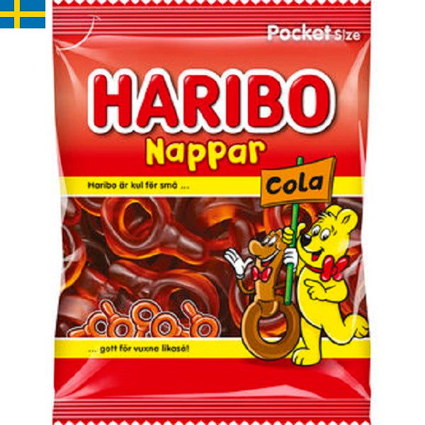 Haribo Cola Nappar - Ännu en god sort från Haribo, nappar med smak av cola. Leverans till din dörr i Spanien och Portugal på 24 till 72 timmar.