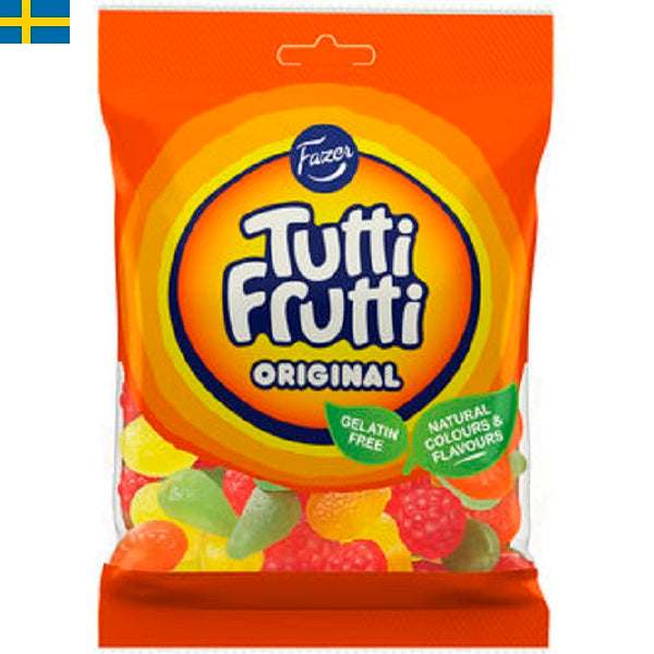 Fazer Tutti Frutti Original - En smakrik godispåse från Fazer. Godiset är gelatinfritt och veganskt. Leverans till din dörr i Spanien och Portugal.