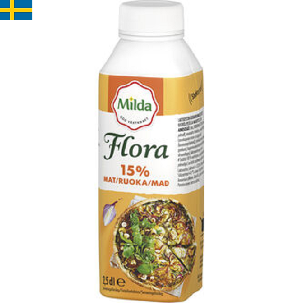 Flora Mat Gräddalternativ Laktosfri används som matlagningsgrädde och ger en fyllig och god smak till maten.