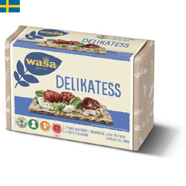 Wasa Delikatess Knäckebröd är ett väldigt ljust knäckebröd och tunt. Knäcket är gjort på fullkornsrågmjöl och innehåller mycket kostfiber.