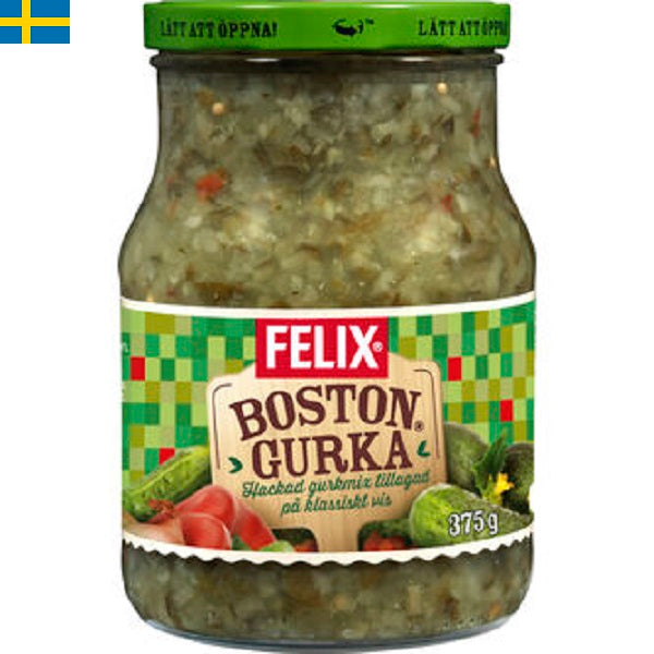 Felix Bostongurka 375 g - Är en hackad gurkmix av fint hackad gurka, paprika, lök och senapsfrön. Leverans till din dörr i Spanien och Portugal.