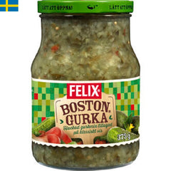 Felix Bostongurka 375 g - Är en hackad gurkmix av fint hackad gurka, paprika, lök och senapsfrön. Leverans till din dörr i Spanien och Portugal.