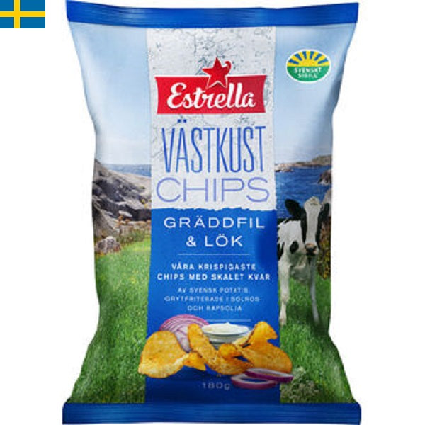 Estrella Västkustchips Gräddfil & Lök är en ännu krispigare variant från Estrella. Släta chips med en syrlig smak av gräddfil och lök. Leverans till din dörr i Spanien och Portugal på 24 till 72 timmar.