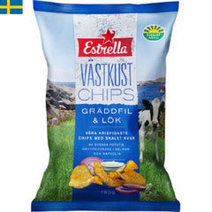 Estrella Västkustchips Gräddfil & Lök är en ännu krispigare variant från Estrella. Släta chips med en syrlig smak av gräddfil och lök. Leverans till din dörr i Spanien och Portugal på 24 till 72 timmar.