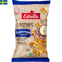 Estrella Linschips har en god smak av sourcream och lök. Innehåller mindre fett och mer protein jämfört med traditionella chips.