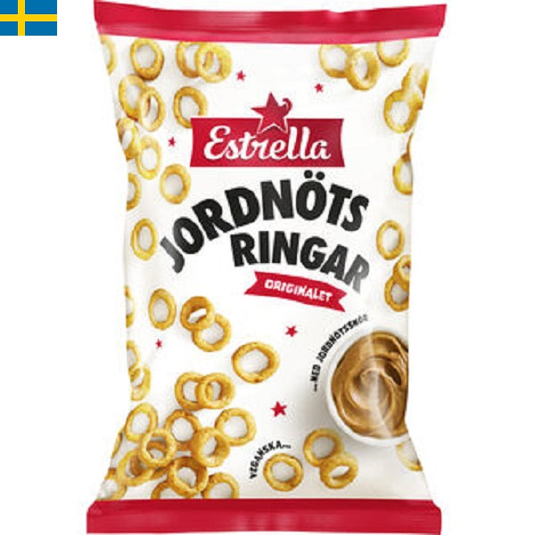 Estrella Jordnötsringar, Krispiga ringar med smak av jordnötsmör. Snabb leverans till din dörr i hela Spanien och hela Portugal.