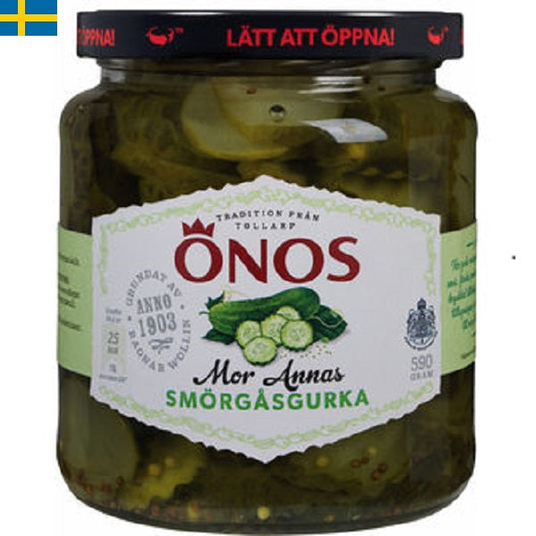 Önos Smörgåsgurka Mor Annas är inlagd i en mildare och mjukare ättika. Passar utmärkt till smörgåsen med leverpastej och mycket annat.