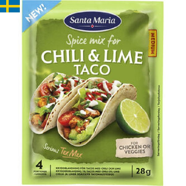 Santa Maria Taco Spice Mix Chili & Lime Medium, kryddmix för en enkel och smidig taco måltid. Leverans till din dörr i Spanien och Portugal på 24 till 72 timmar.