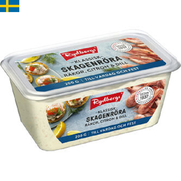 Rydbergs Skagenröra 200g är en krämig och smakrik skagenröra innehållande räkor, citron och dill.