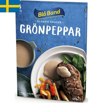 Blå Band Grönpepparsås är en fyllig sås med en mycket god och karakteristisk pepparsmak som passar allt från oxfile till kyckling.