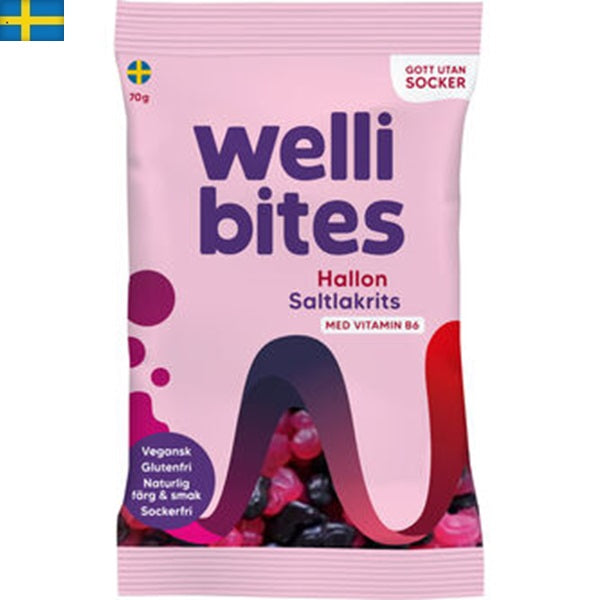 "Wellibites Hallon/Saltlakrits Sockerfri Vegan, 70g: Sockerfritt, glutenfritt, veganskt godis från Sverige. Leverans till din dörr i Portugal och Spanien.