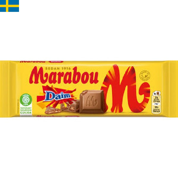 Marabou Daim är ännu en god chokladkaka från Marabou som innehåller krossade bitar av daim. Snabb leverans till dörr i Spanien och Portugal.